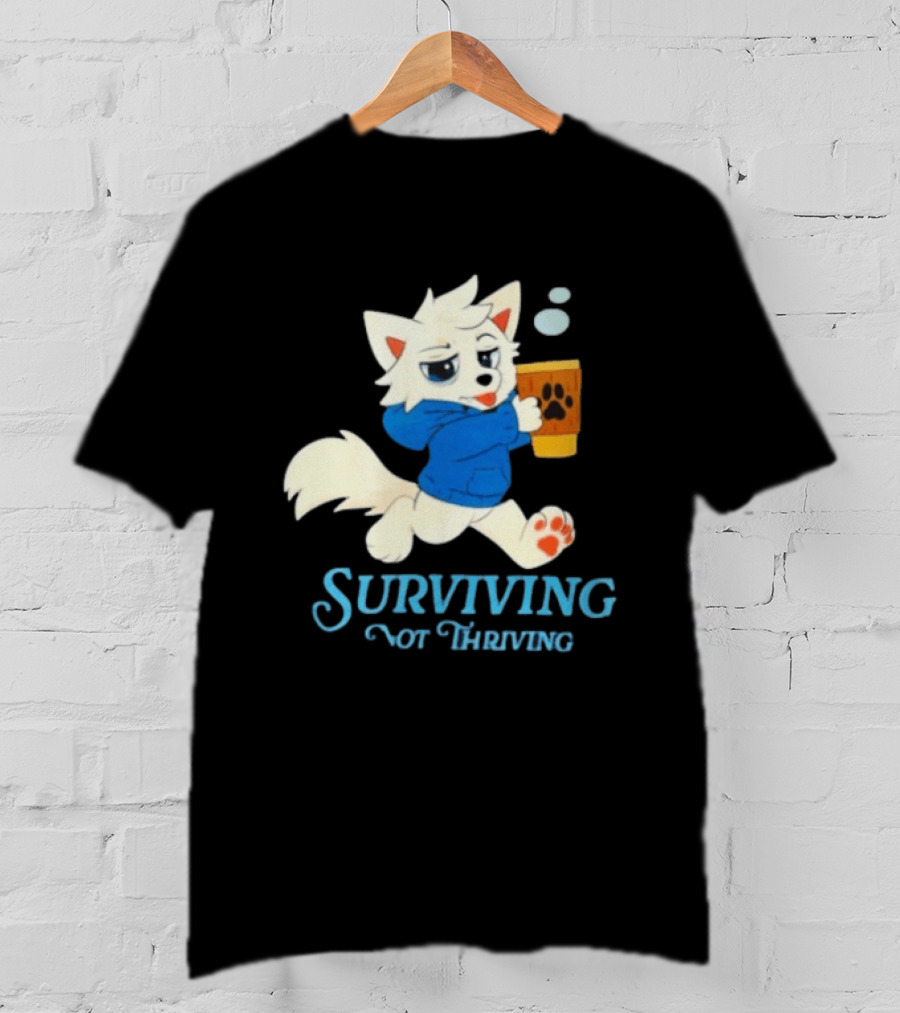 Surviving Not Thriving Cute Fox Coffee Paw Print T-Shirt