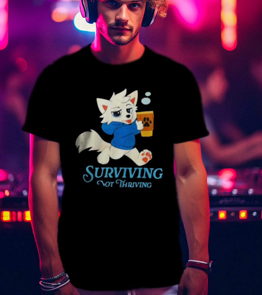 Surviving Not Thriving Cute Fox Coffee Paw Print T-Shirt