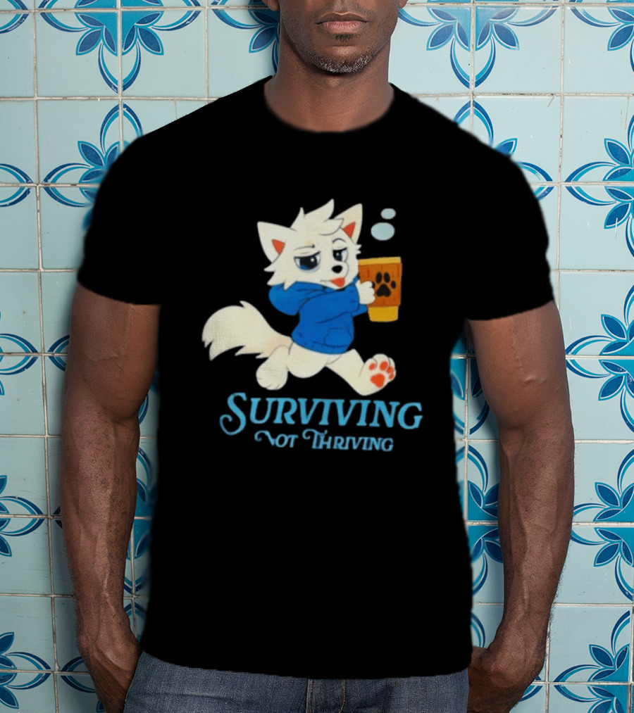 Surviving Not Thriving Cute Fox Coffee Paw Print T-Shirt