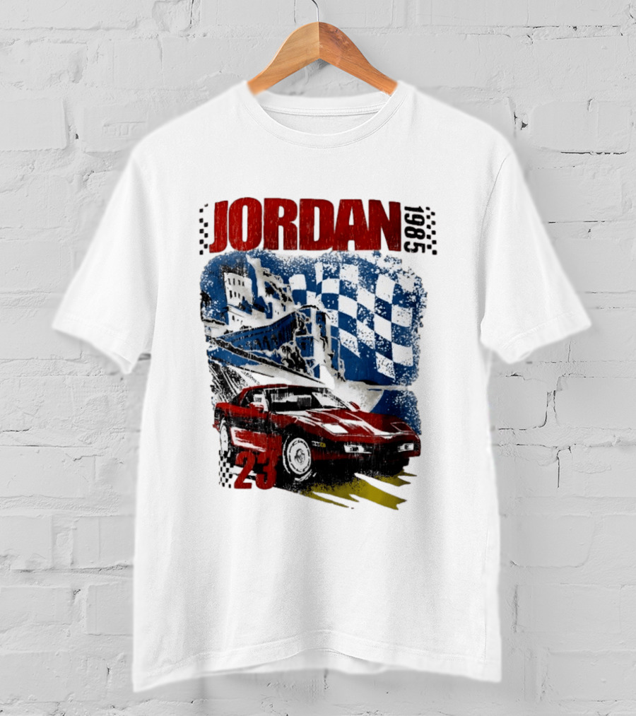 Jordan 23 Racing Brooklyn 1985 Checkered Red Sports Car Blue Flag T-Shirt