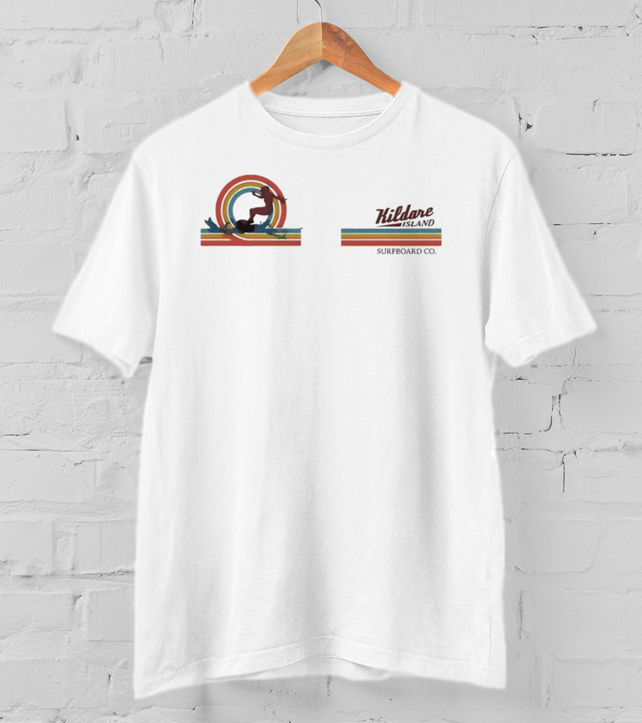 Kildare Island Surfboard Co Surfer With Rainbow Silhouette And Stripes T-Shirt