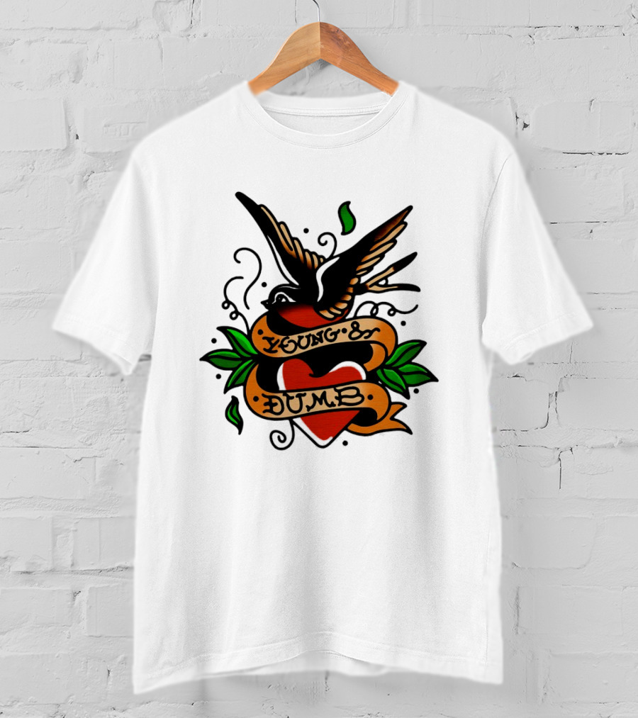 Young And Dumb Swallow Heart Tattoo Vintage Style With Banner And Leaves T-Shirt