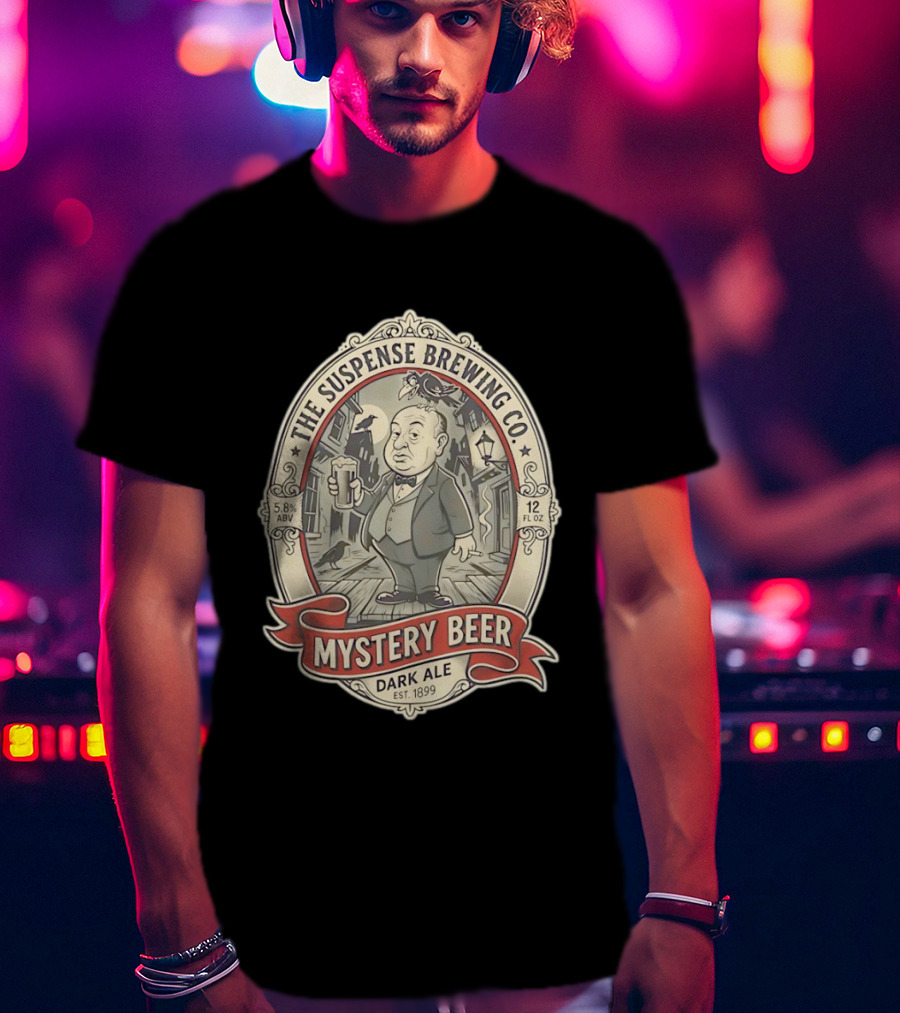 The Suspense Brewing Co Mystery Beer Dark Ale Alfred Hitchcock Est 1899 T-Shirt