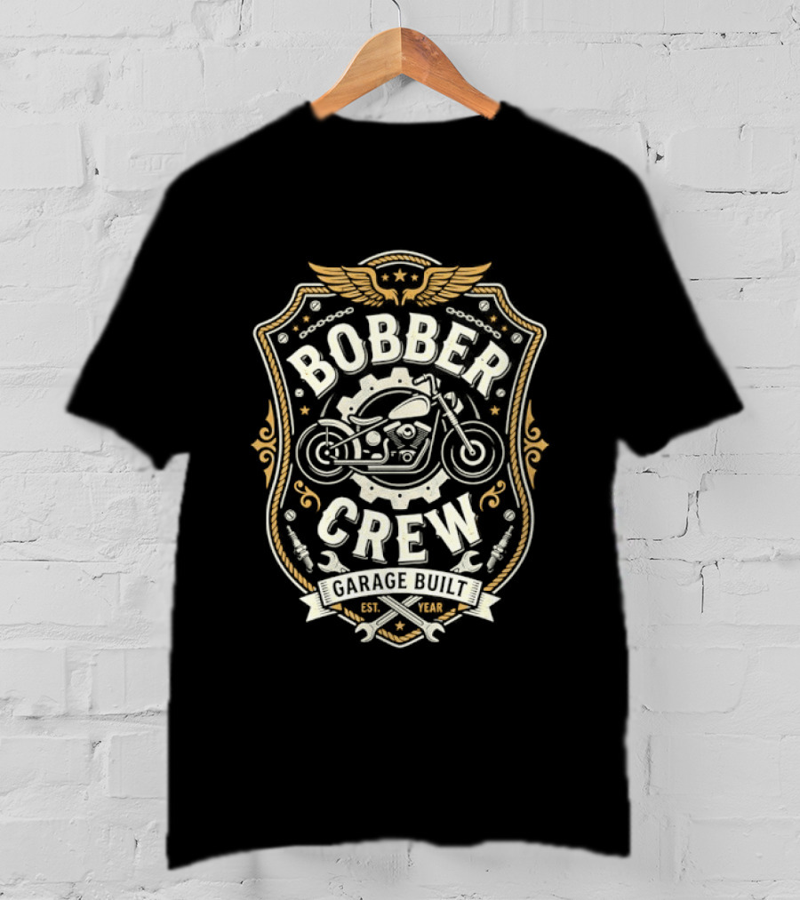 Bobber Crew Garage Built Motorcycle Biker Shield T-Shirt