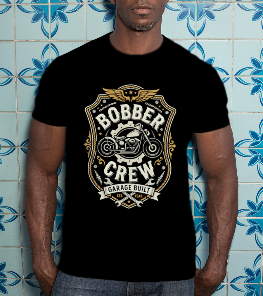 Bobber Crew Garage Built Motorcycle Biker Shield T-Shirt
