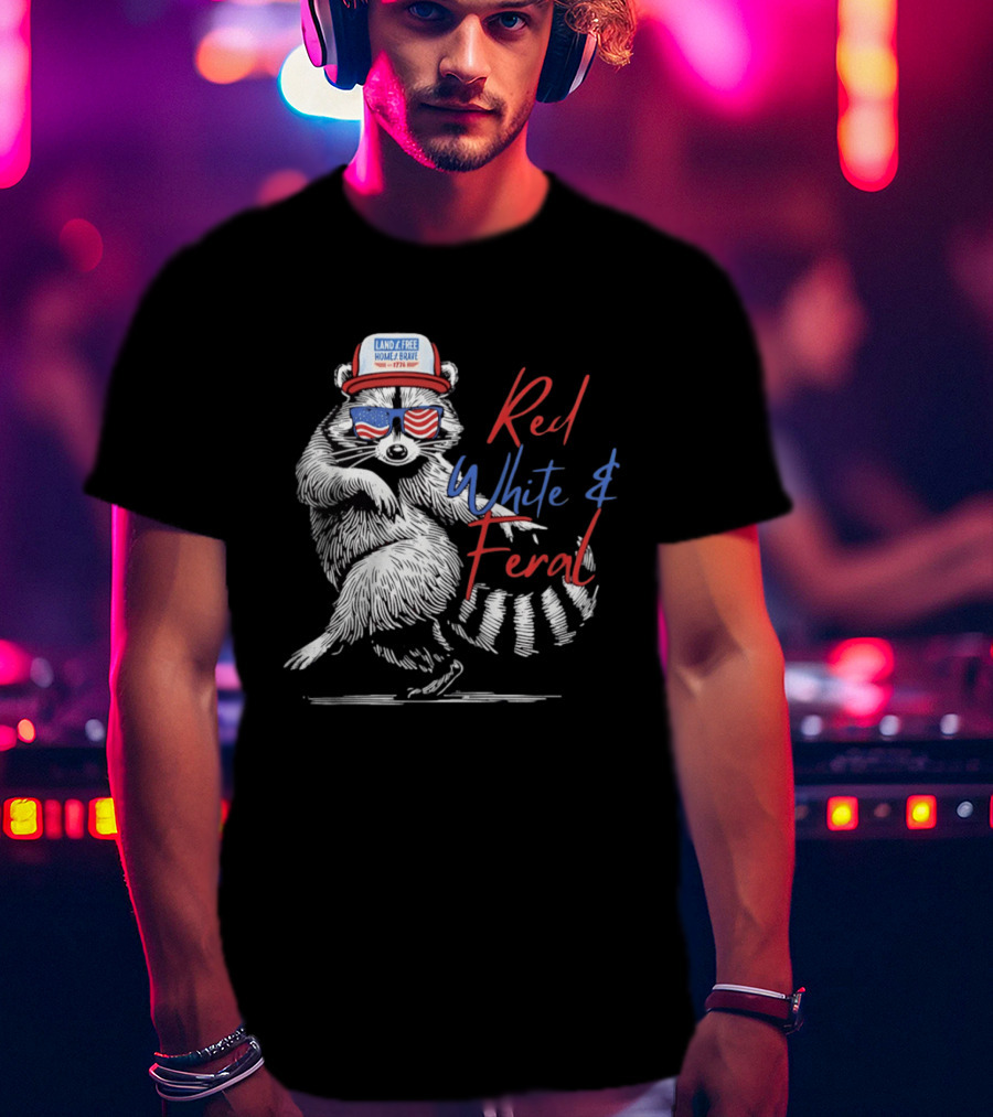 Red White Feral Raccoon Land Of The Free Home Brave 1776 Patriotic USA T-Shirt