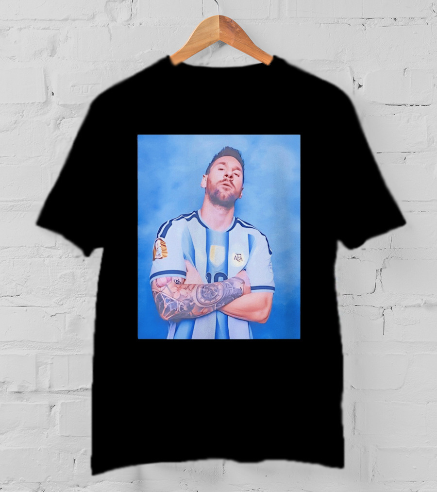 Lionel Messi With Argentina National Team Badge In Blue And White Stripes T-Shirt