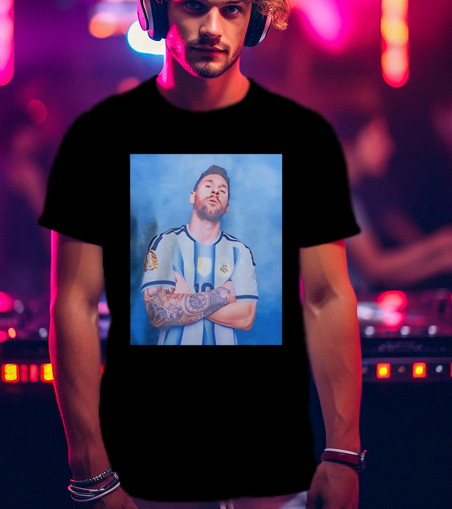 Lionel Messi With Argentina National Team Badge In Blue And White Stripes T-Shirt