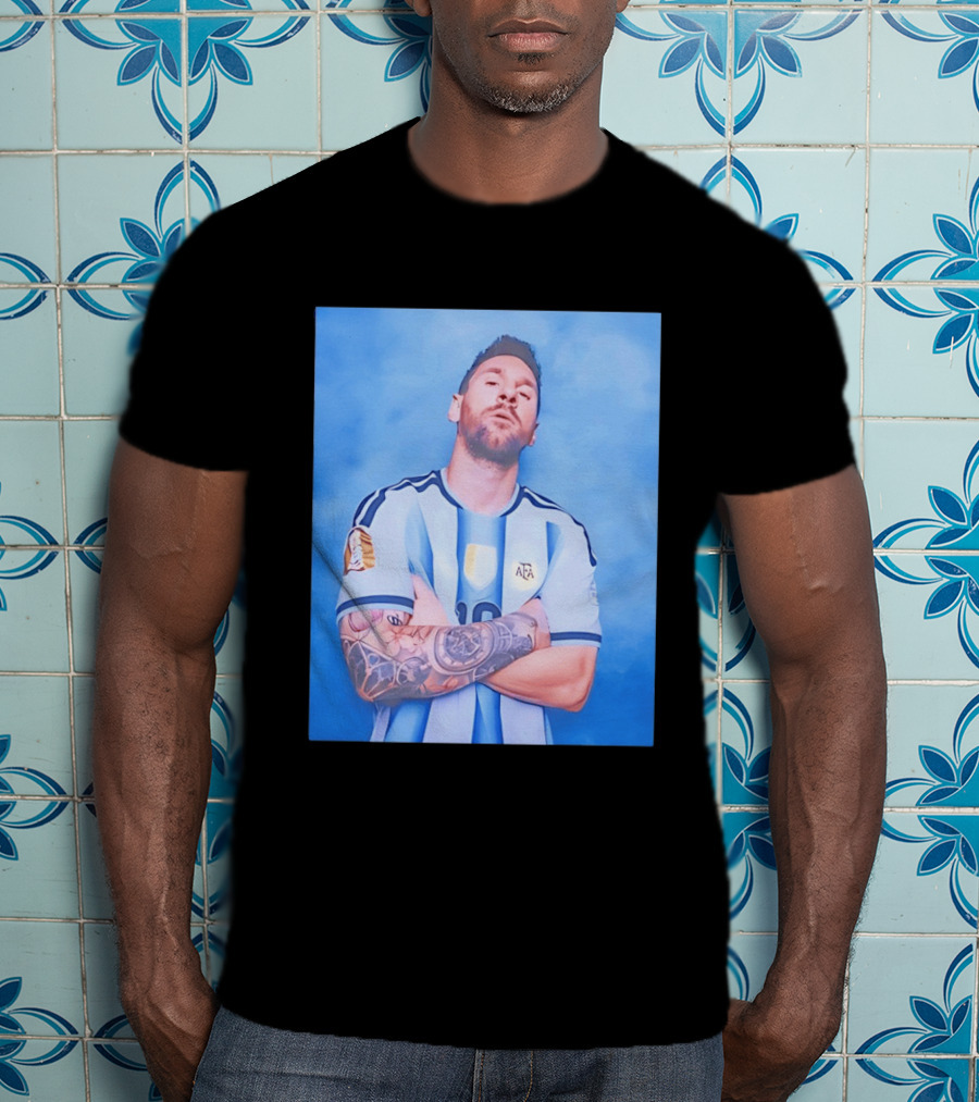 Lionel Messi With Argentina National Team Badge In Blue And White Stripes T-Shirt