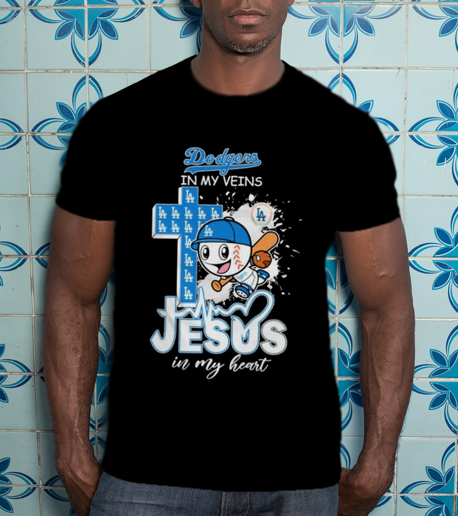 Los Angeles Dodgers In My Veins Jesus In My Heart LA Baseball Cross T-Shirt