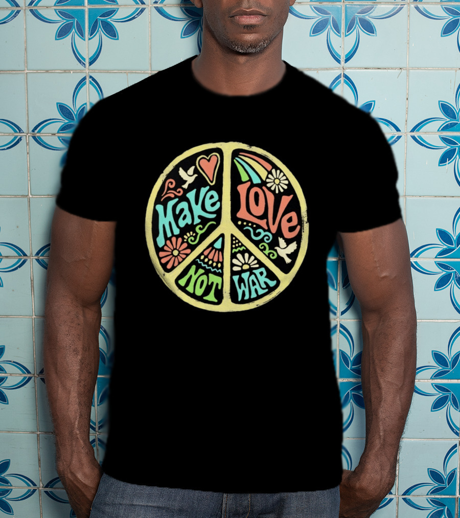 Make Love Not War Peace Sign Floral Rainbow Dove T-Shirt