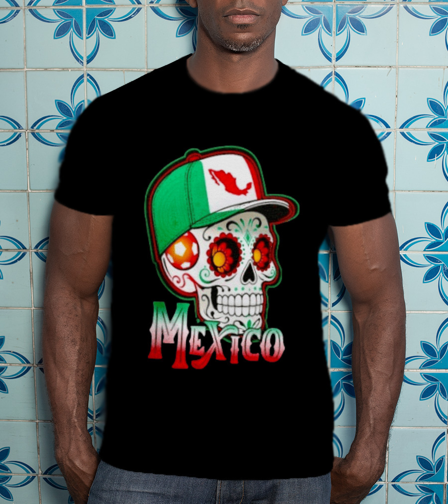 Mexico Sugar Skull Hat Map T-Shirt