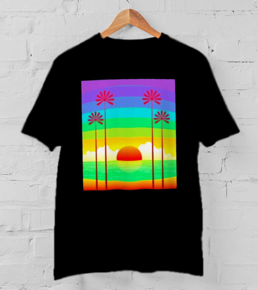 Sunset With Palm Trees And Rainbow Summer Scene T-Shirt