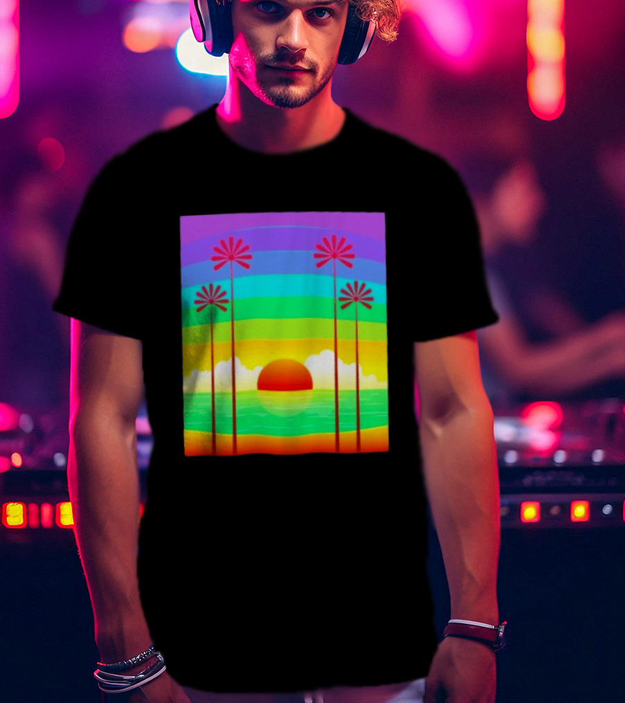 Sunset With Palm Trees And Rainbow Summer Scene T-Shirt
