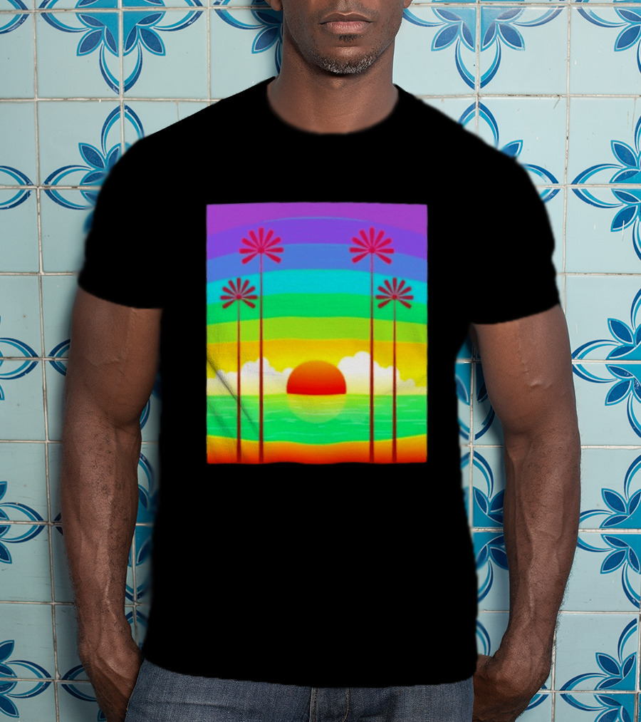 Sunset With Palm Trees And Rainbow Summer Scene T-Shirt