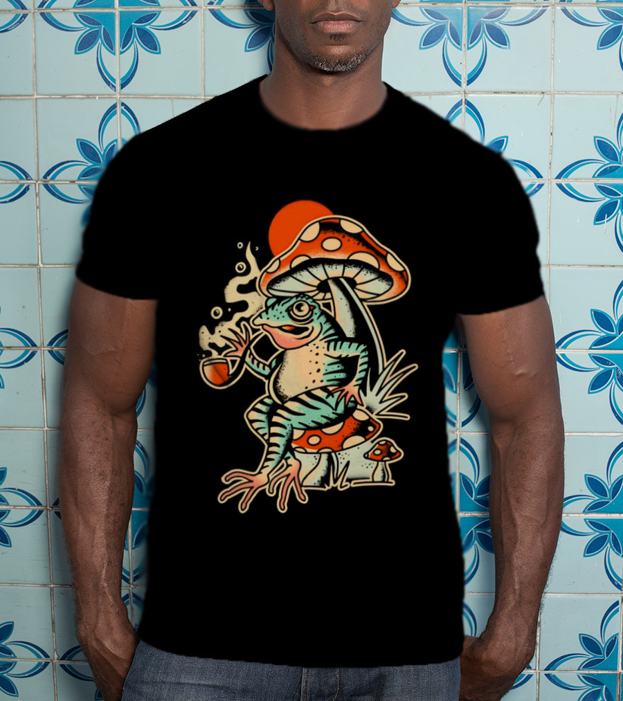 Frog Smoking Pipe Under Mushroom Tattoo T-Shirt