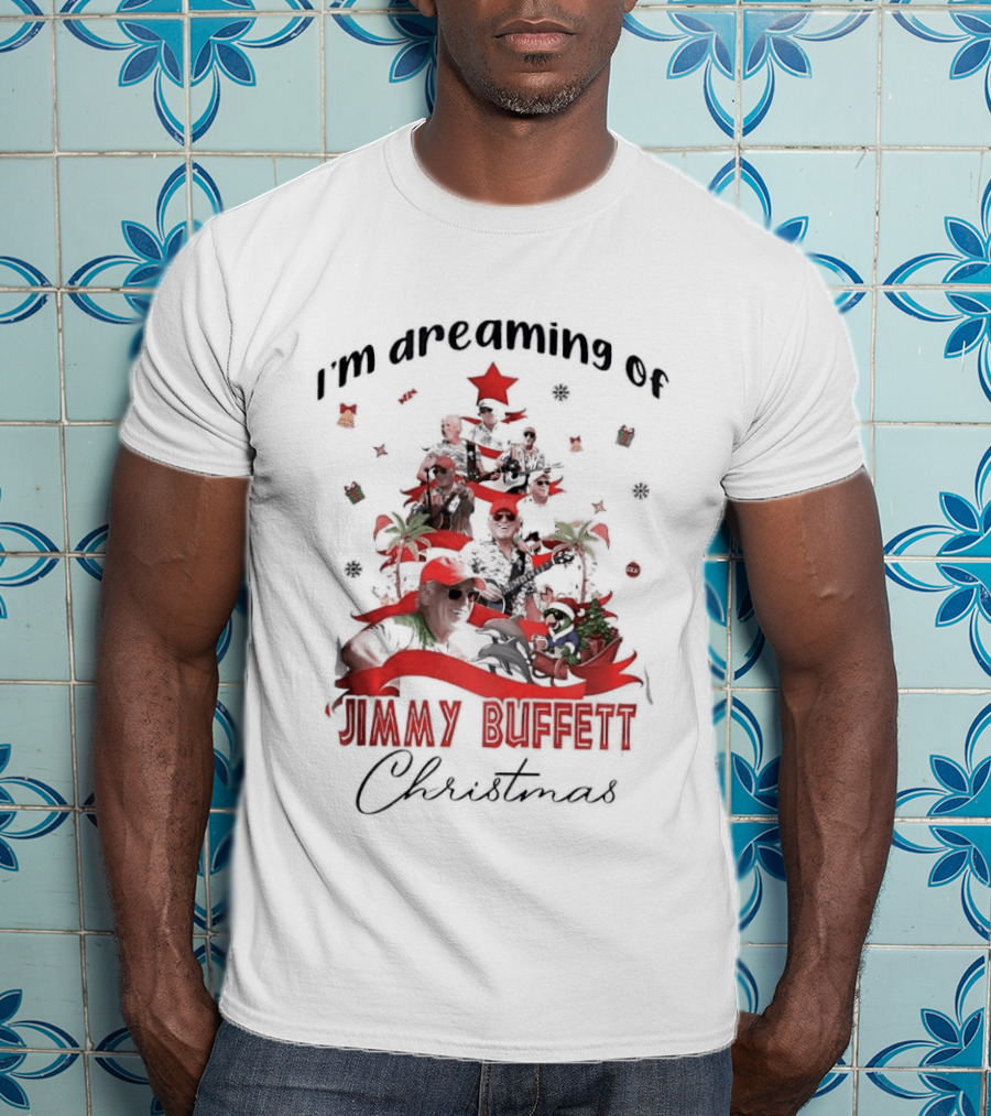 I'm Dreaming Of Jimmy Buffett Christmas Parrot Collage Tree T-Shirt