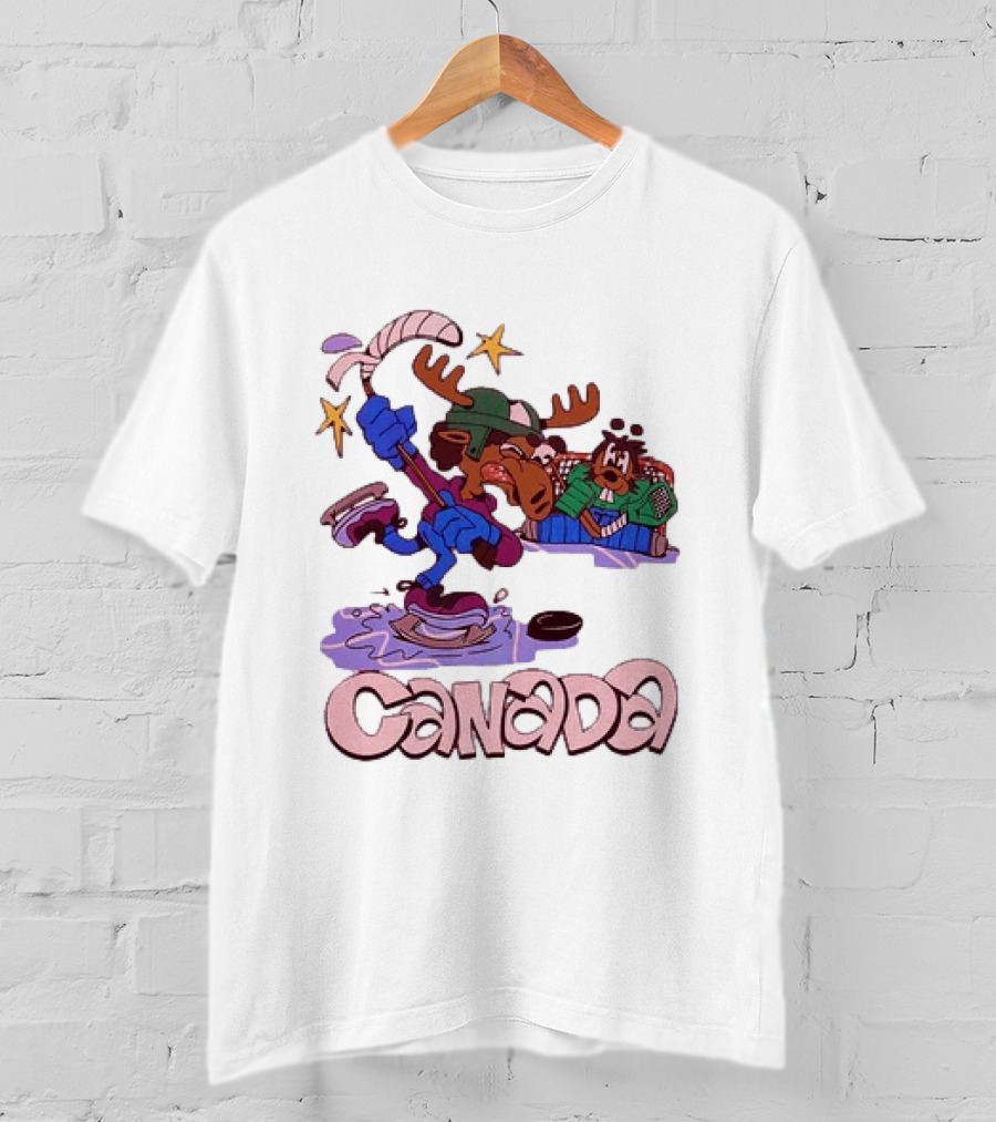 Slushy Noobz Canada Hockey Moose Cartoon Ice Rink Scene T-Shirt