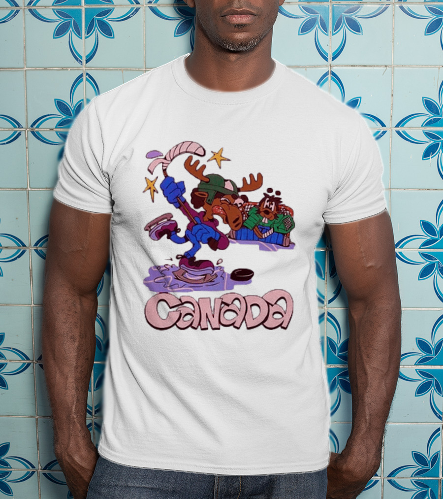 Slushy Noobz Canada Hockey Moose Cartoon Ice Rink Scene T-Shirt