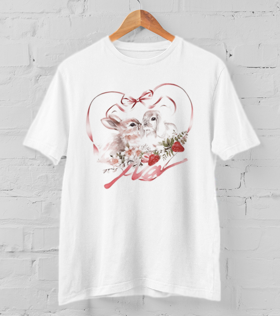 Kissing Rabbits Heart Ribbon Wings Strawberries Cute Love T-Shirt