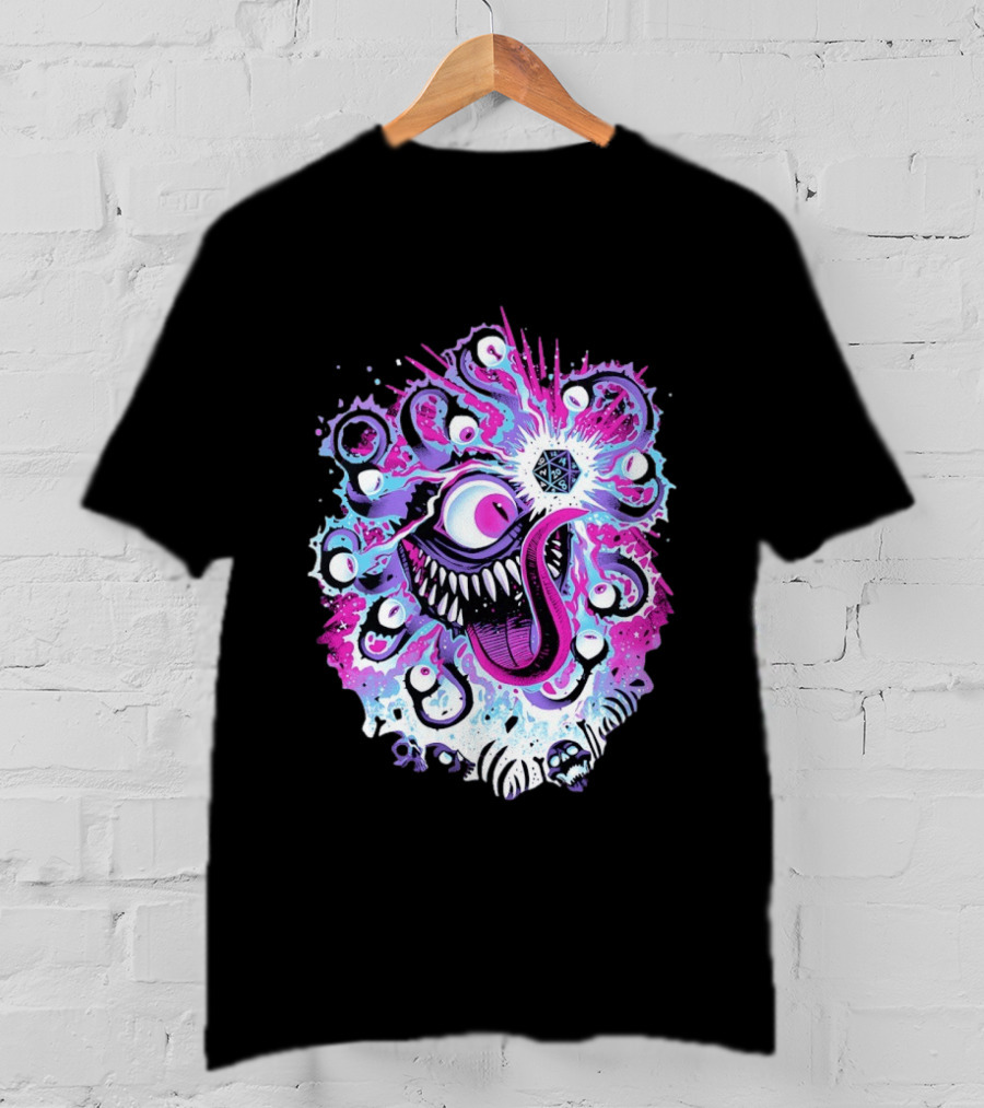 Beholder Dungeons And Dragons Eye Tyrant Illustration With D20 Dice And Psychedelic T-Shirt