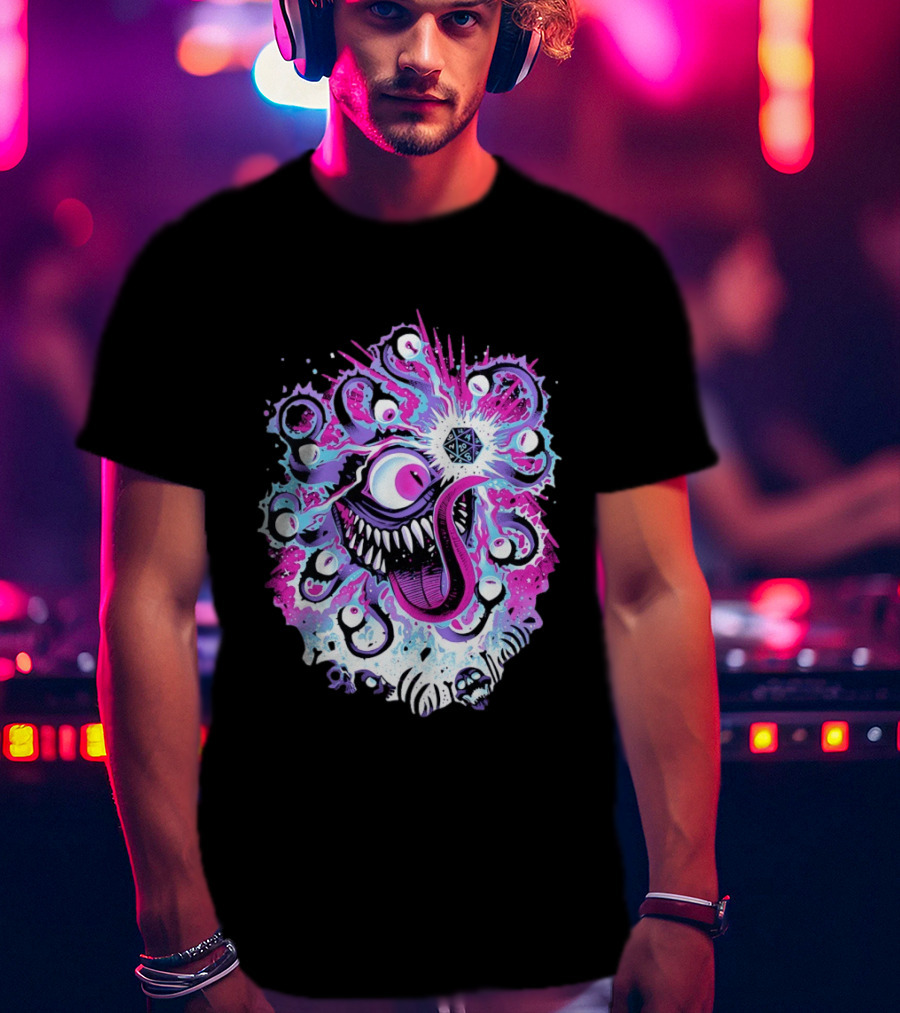 Beholder Dungeons And Dragons Eye Tyrant Illustration With D20 Dice And Psychedelic T-Shirt