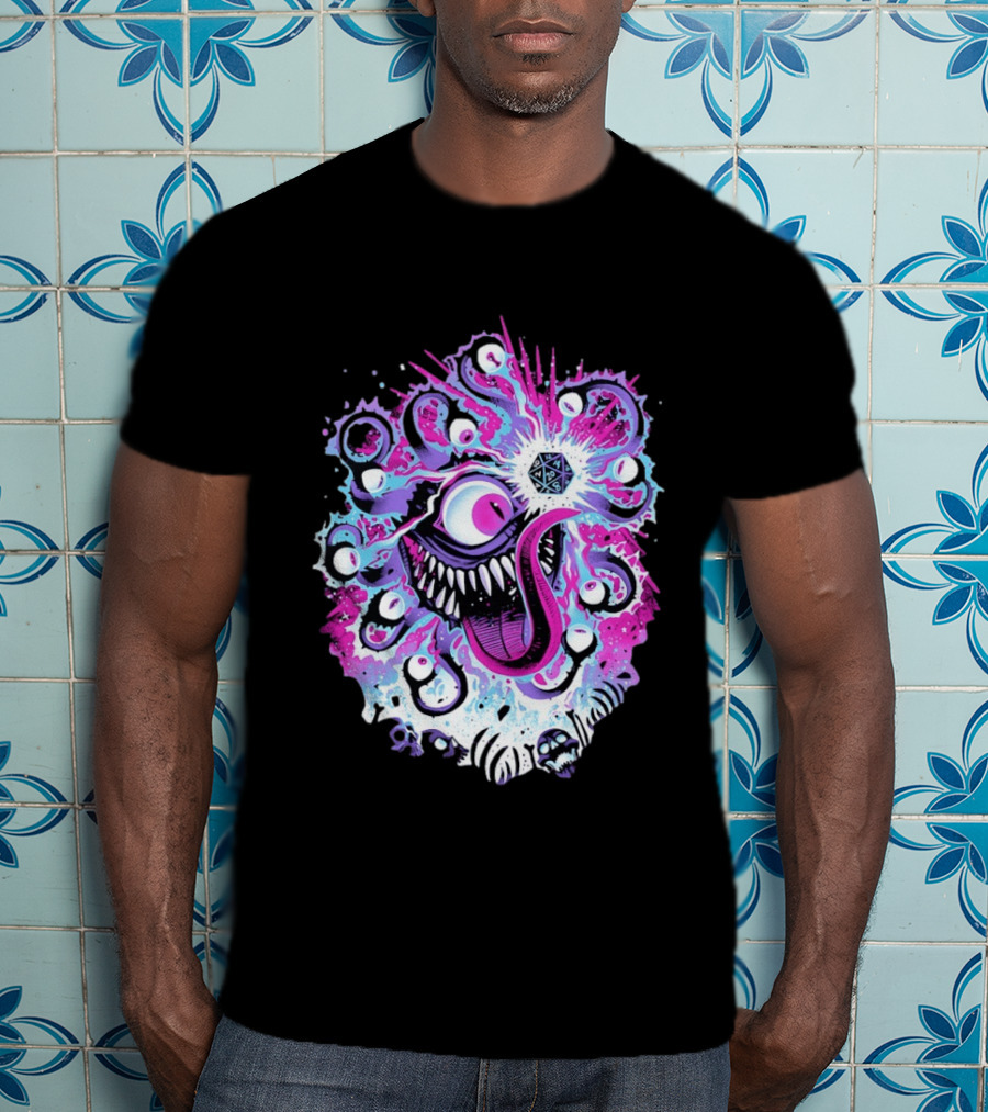 Beholder Dungeons And Dragons Eye Tyrant Illustration With D20 Dice And Psychedelic T-Shirt