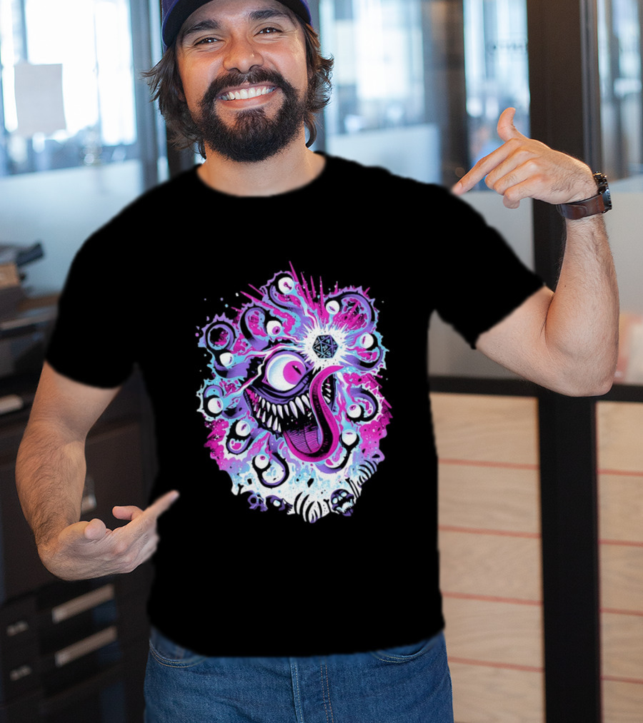 Beholder Dungeons And Dragons Eye Tyrant Illustration With D20 Dice And Psychedelic T-Shirt