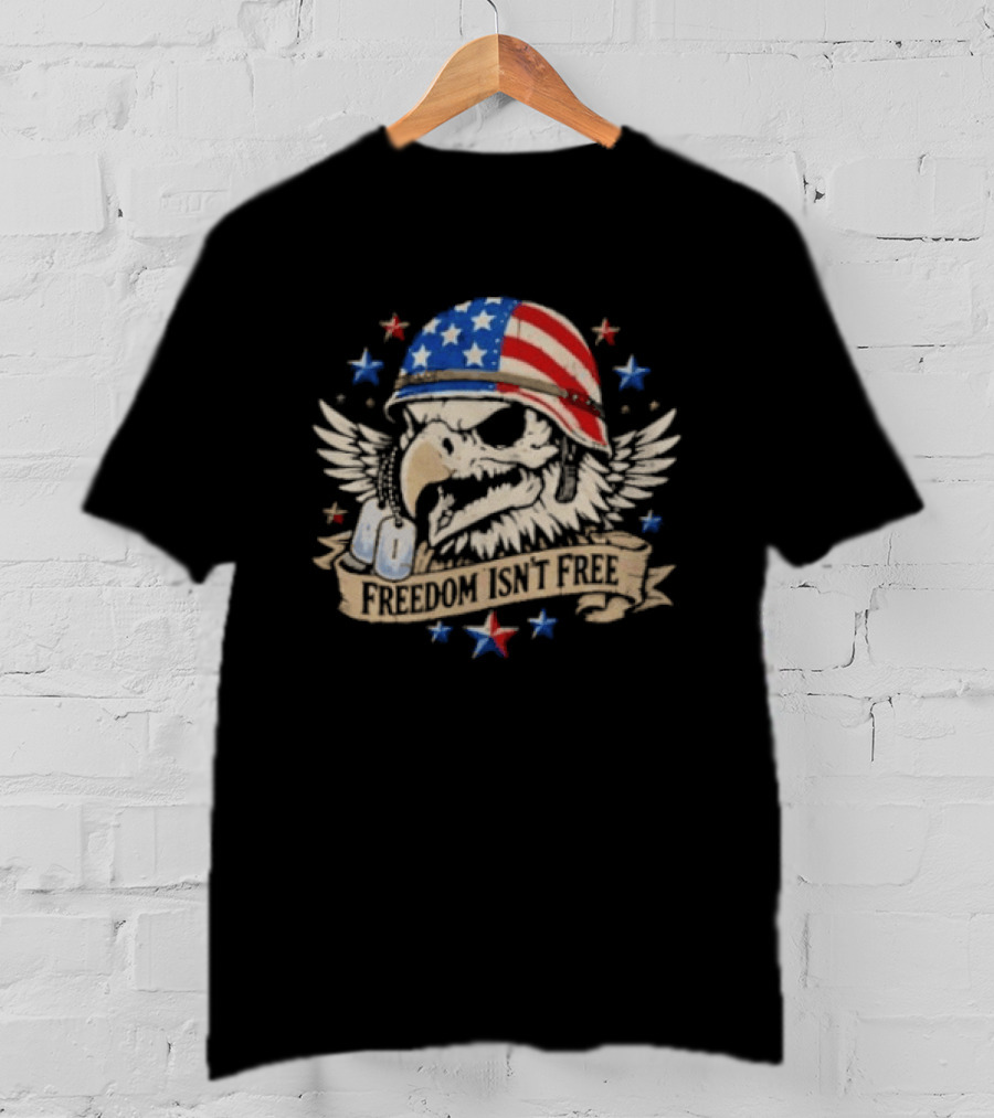 Distressed Eagle Skull Freedom Isn't Free Patriotic American Flag Helmet Stars T-Shirt