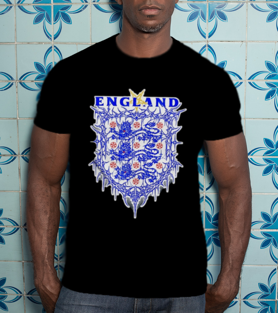 England Metal Crest Three Lions Emblem With Gothic Motif T-Shirt