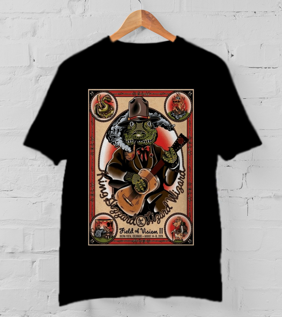 King Gizzard And The Lizard Wizard Field Of Vision II August 14 16 2026 Illustration With Lizard Playing Guitar T-Shirt