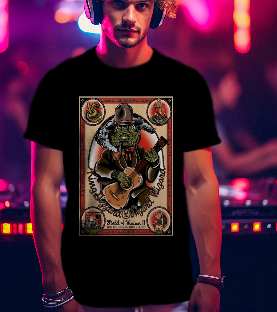 King Gizzard And The Lizard Wizard Field Of Vision II August 14 16 2026 Illustration With Lizard Playing Guitar T-Shirt