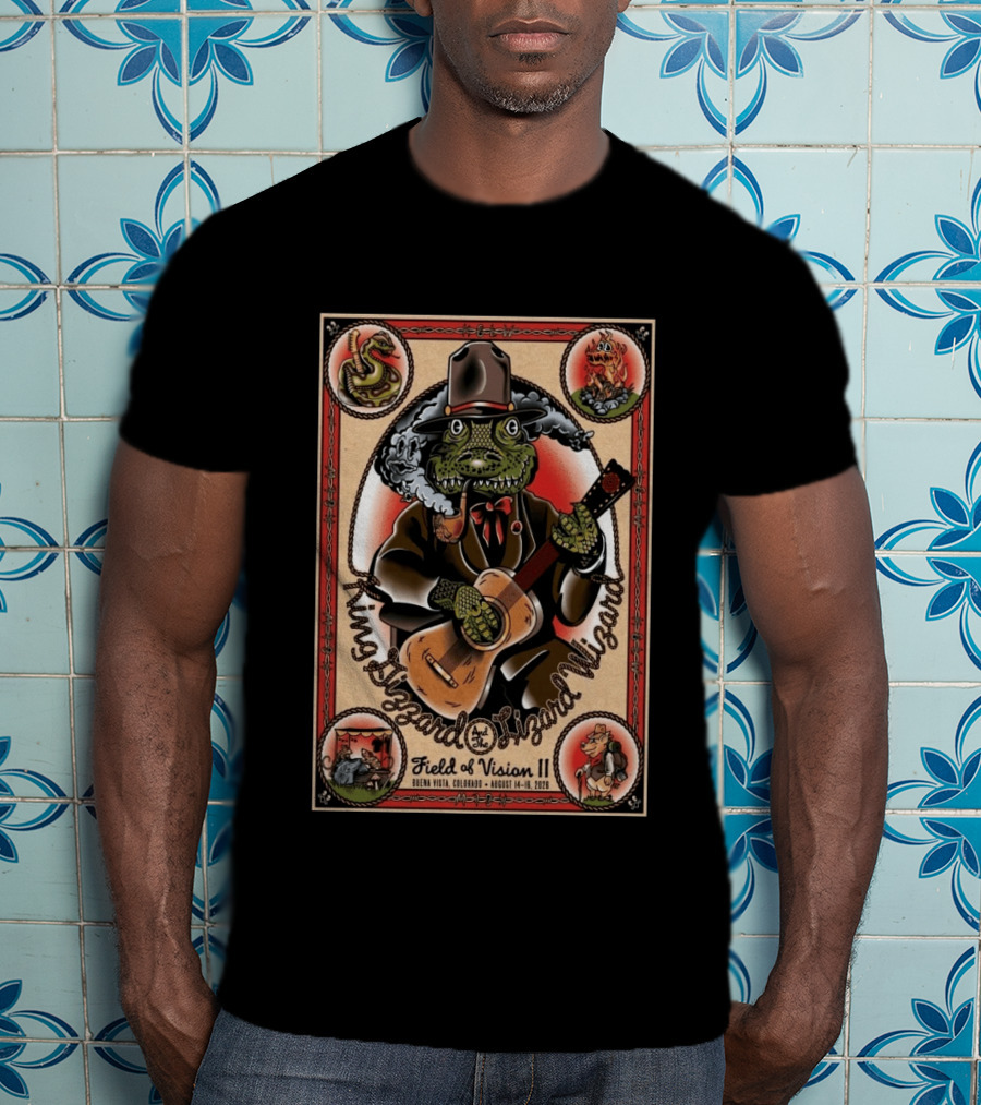King Gizzard And The Lizard Wizard Field Of Vision II August 14 16 2026 Illustration With Lizard Playing Guitar T-Shirt