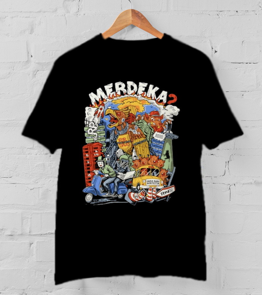 Merdeka Para Babi Berpesta Satire Indonesian Illustration With Cityscape And Mythical Creatures T-Shirt
