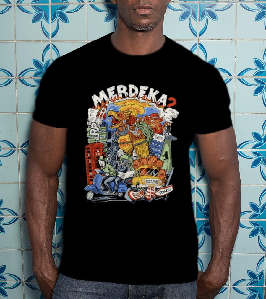 Merdeka Para Babi Berpesta Satire Indonesian Illustration With Cityscape And Mythical Creatures T-Shirt