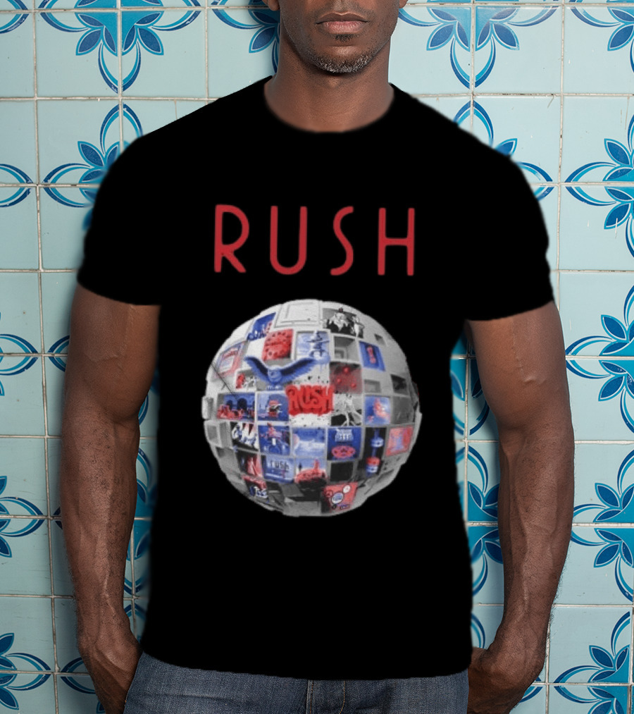Rush All The World's An Album Tour 2026 2027 History Iconic Sphere Collage T-Shirt
