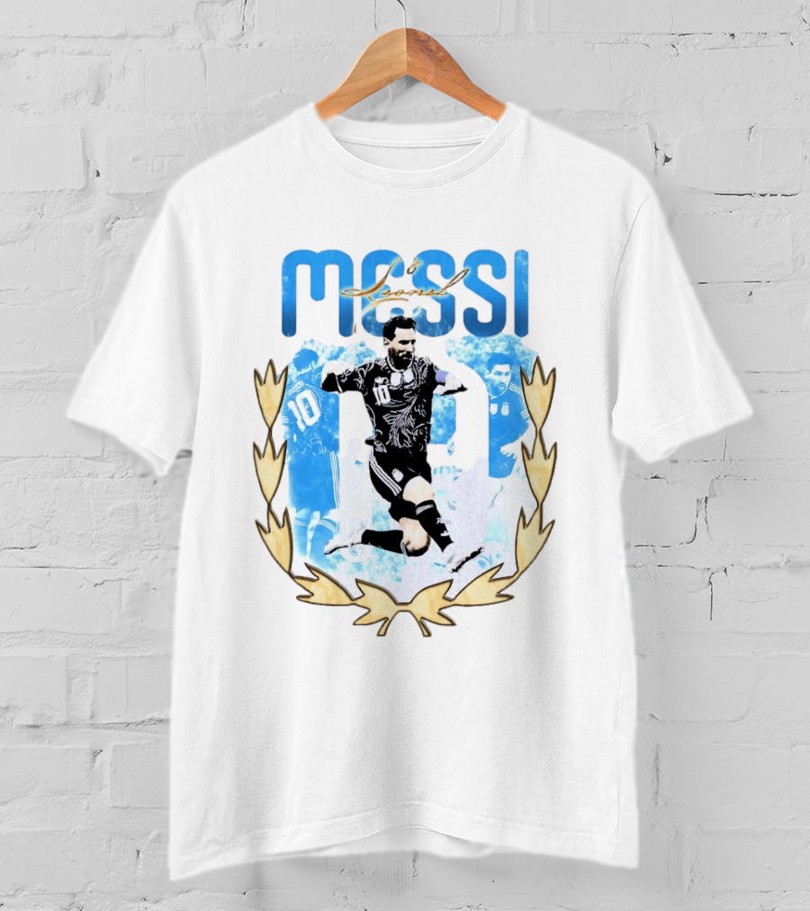 Messi 10 Sliding Celebration With Gold Laurel Wreath T-Shirt