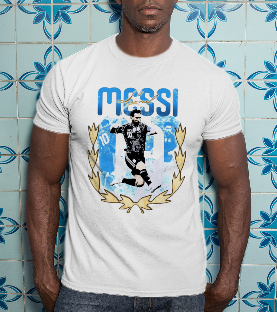 Messi 10 Sliding Celebration With Gold Laurel Wreath T-Shirt