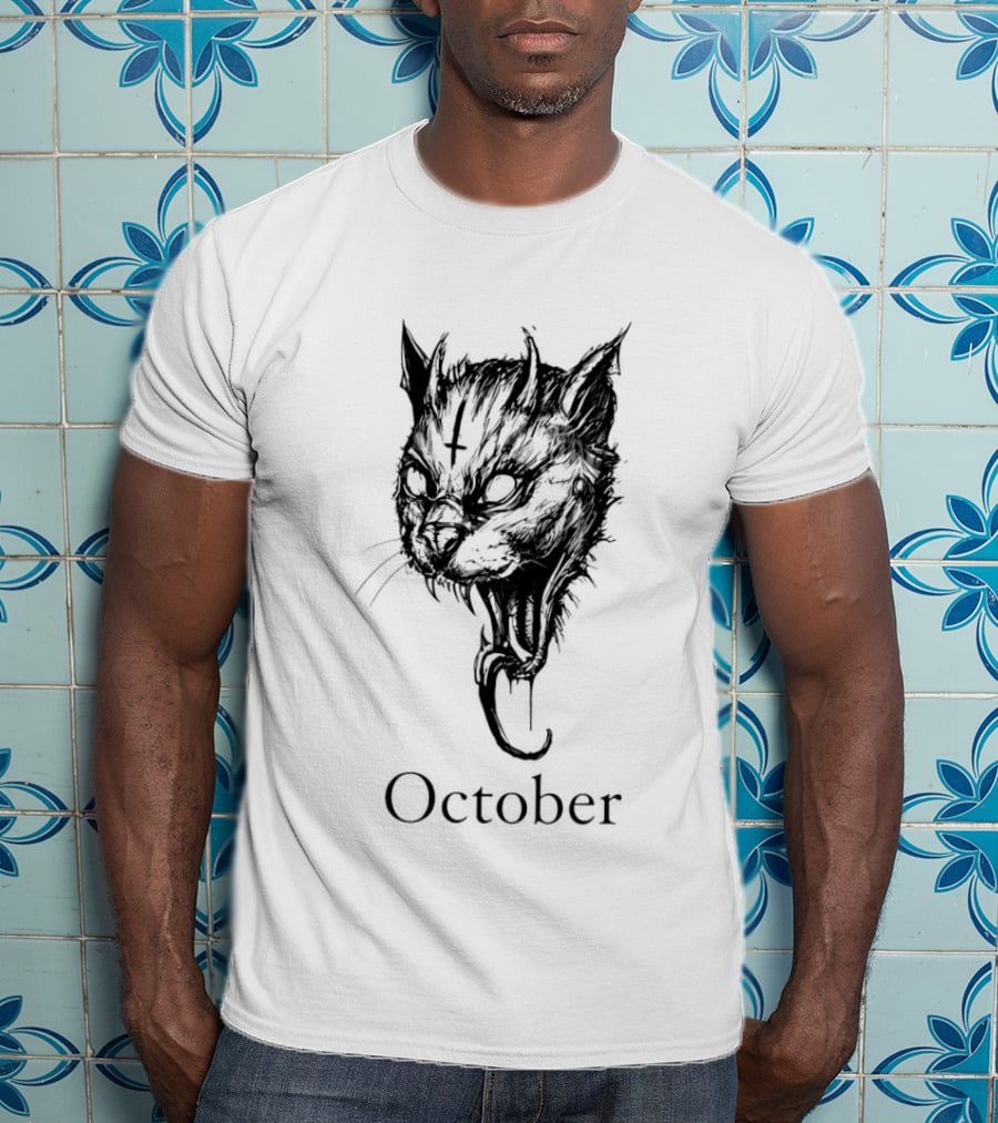 October Demon Cat Gothic Occult Halloween Cat T-Shirt