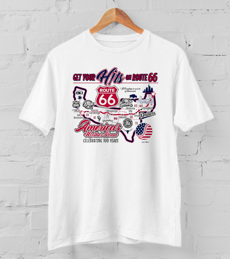 Get Your Hits On Route 66 America's Mother Road Celebrating 100 Years Baseball Map T-Shirt