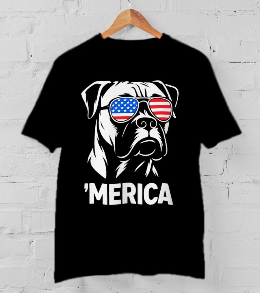 American Bulldog With USA Flag Sunglasses 'Merica T-Shirt