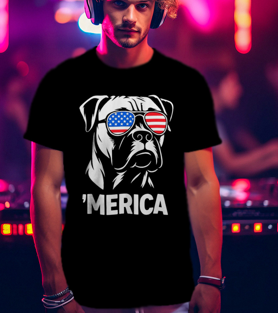 American Bulldog With USA Flag Sunglasses 'Merica T-Shirt