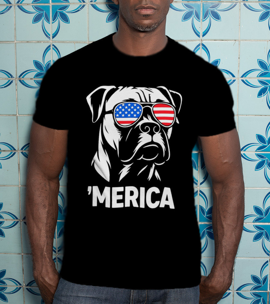 American Bulldog With USA Flag Sunglasses 'Merica T-Shirt