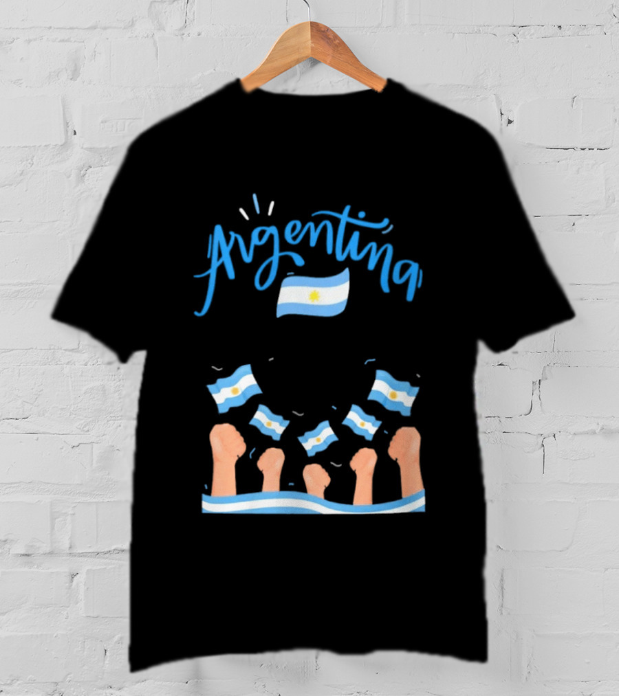 Argentina Celebration Raised Fists Waving Flags Enthusiastic Spirit T-Shirt