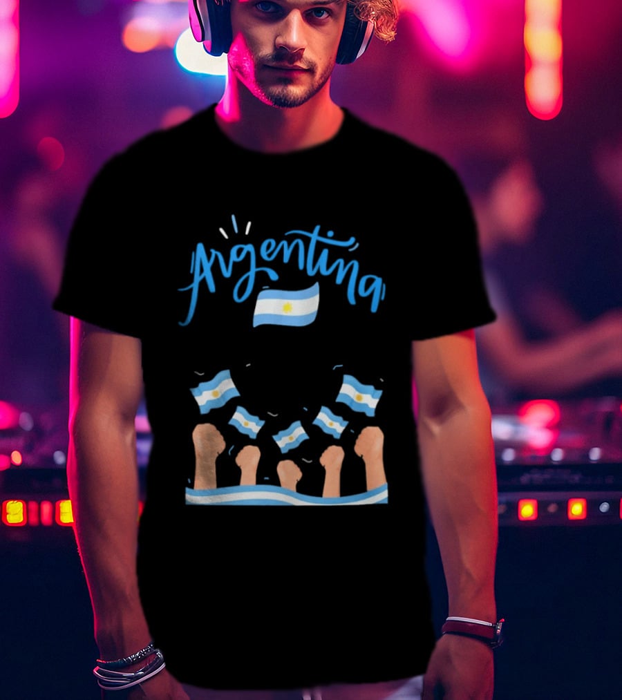 Argentina Celebration Raised Fists Waving Flags Enthusiastic Spirit T-Shirt
