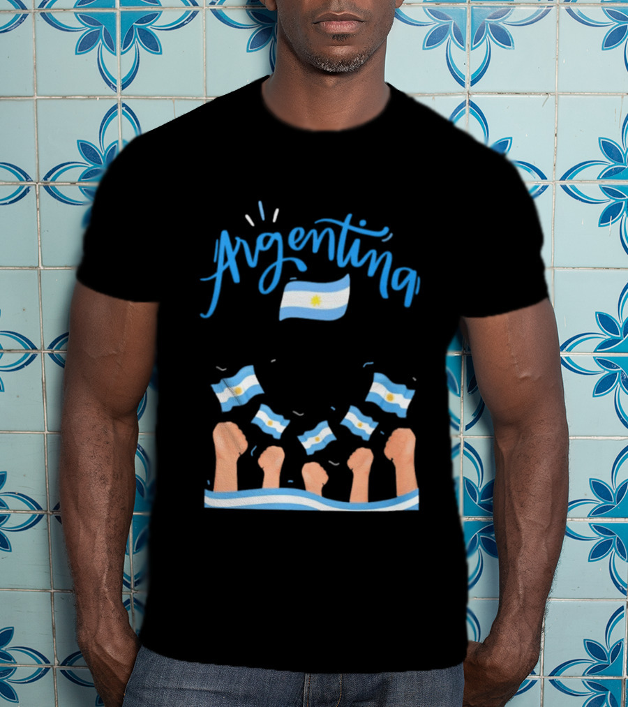 Argentina Celebration Raised Fists Waving Flags Enthusiastic Spirit T-Shirt