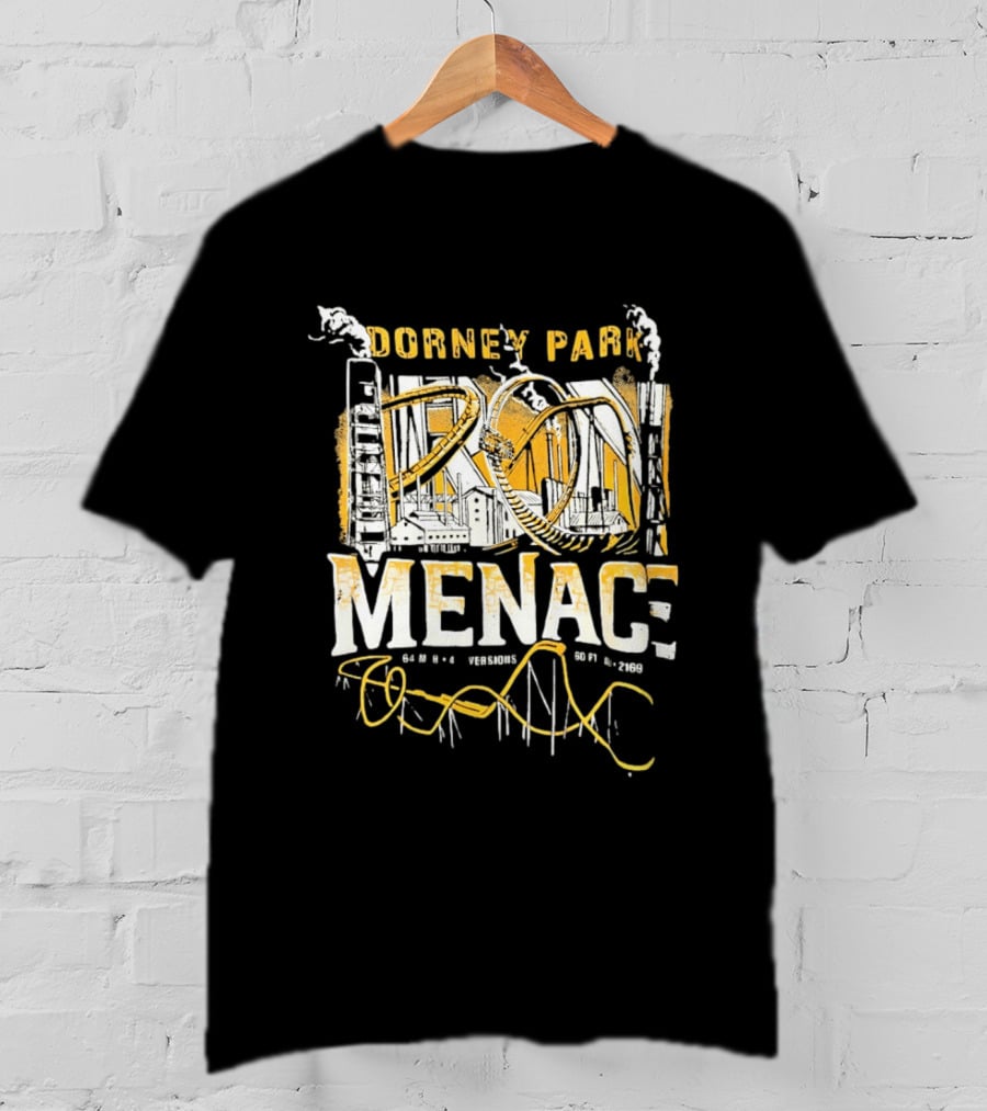 Dorney Park Iron Menace 64 Mph 4 Inversions 160 Ft Tall 2169 Ft Industrial Adventure T-Shirt