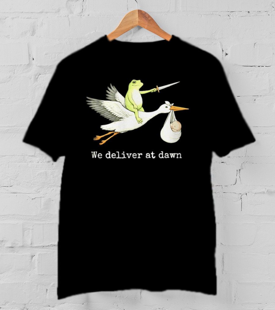 Frog Riding Stork With Sword We Deliver At Dawn T-Shirt