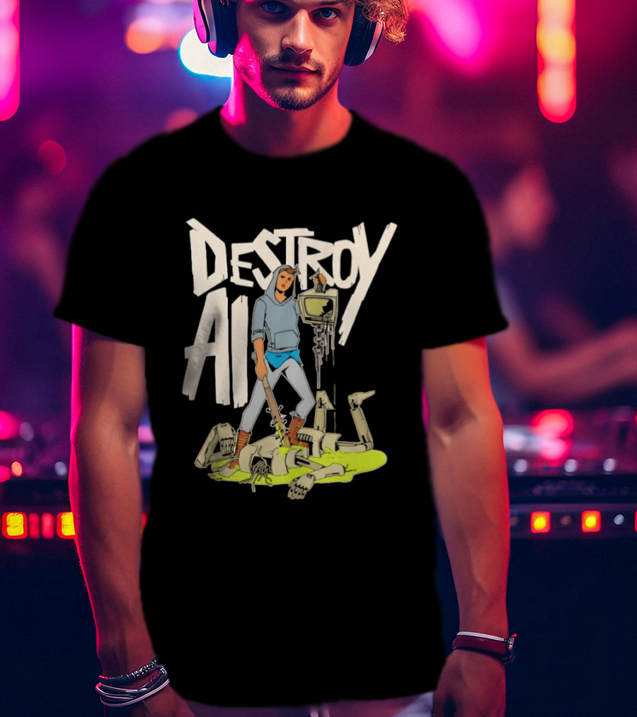 Destroy AI Sci Fi Cyberpunk Robot Resistance Heroic Battle Scene T-Shirt