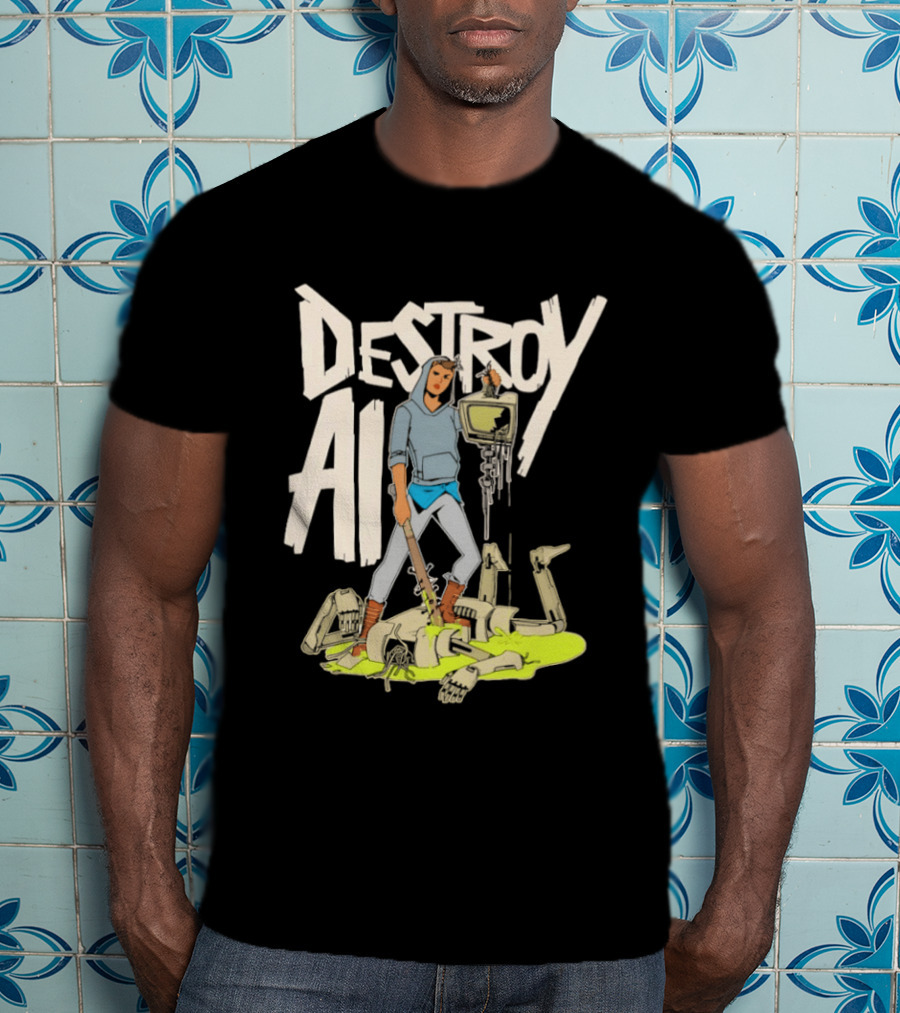 Destroy AI Sci Fi Cyberpunk Robot Resistance Heroic Battle Scene T-Shirt